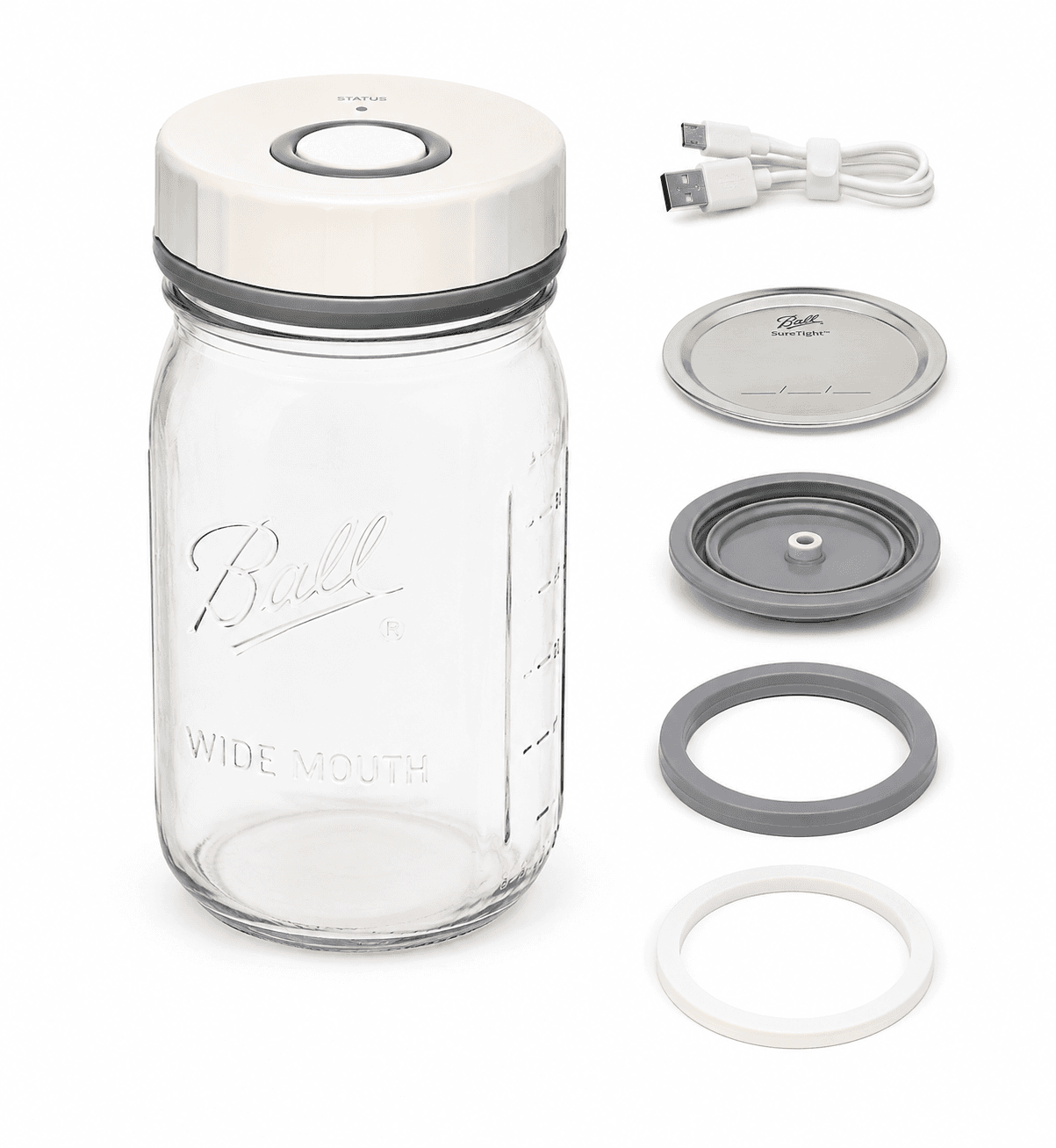 Everything included with Fresh Locks: the sealer, jar lid, two sealing rings and USB charging cable