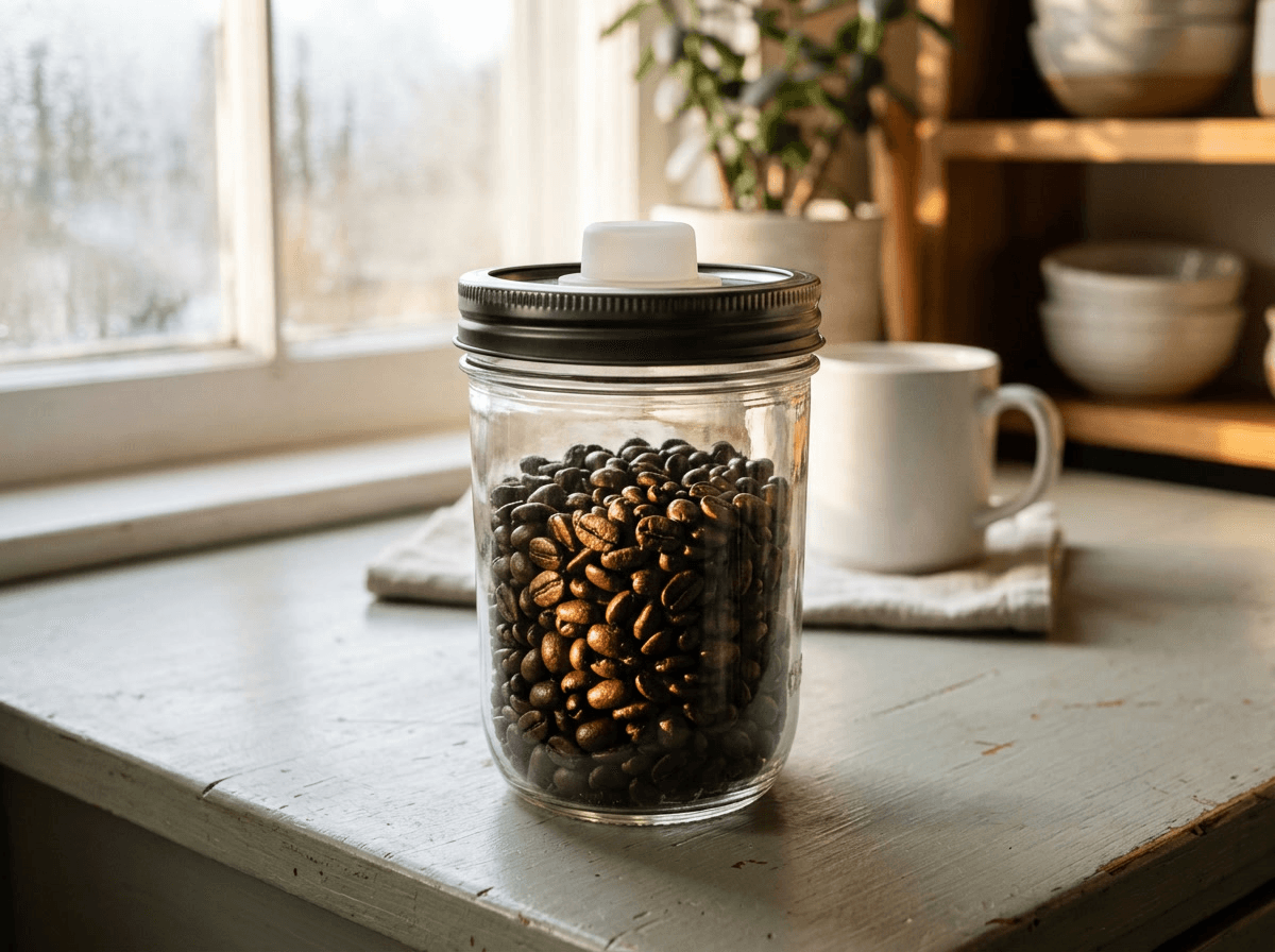 Coffee beans kept in a sealed Fresh Locks jar on a kitchen counter