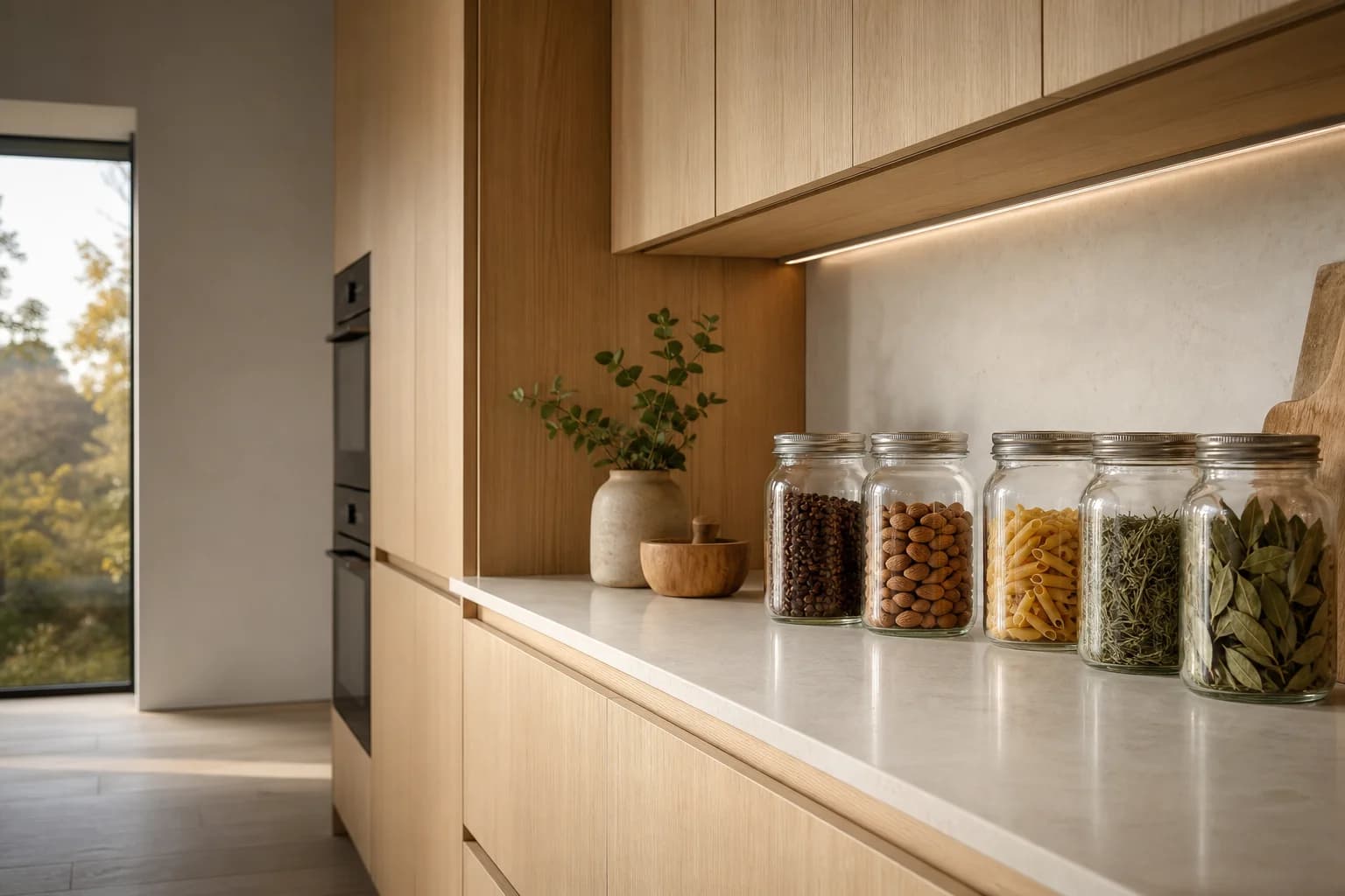 Glass storage jars on the counter of a bright modern kitchen