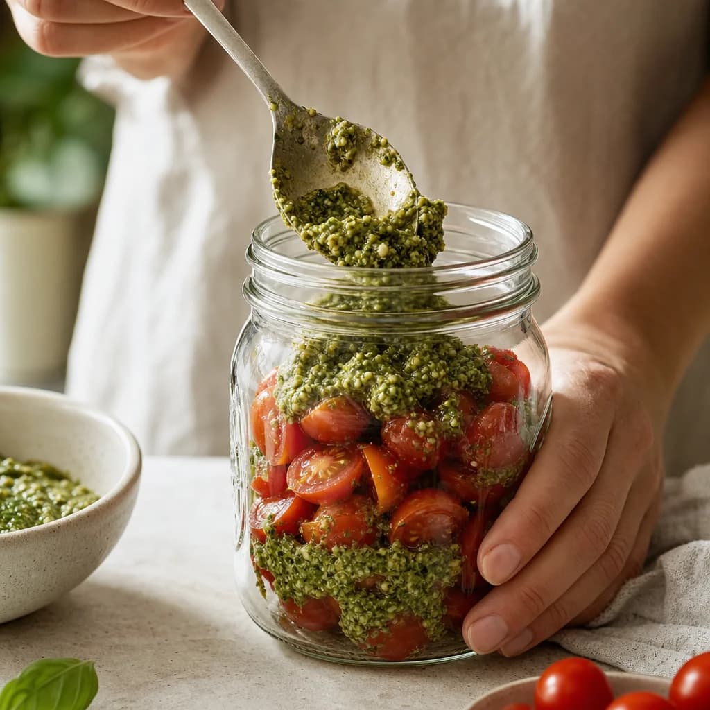 Filling a glass preserving jar with fresh food